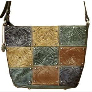 American West Carved Leather and Studded Patchwork Floral Crossbody Purse‎